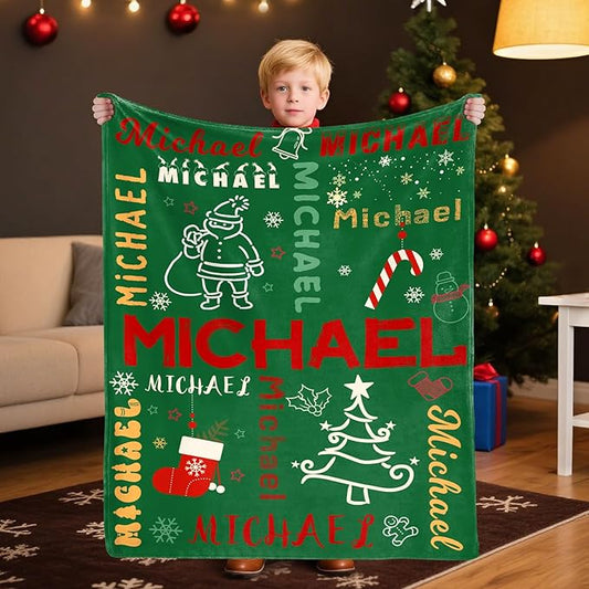 Custom Christmas Blanket with Name,Personalized for Grandkids,Customized Flannel Blankets Throw for Baby Boys Girls