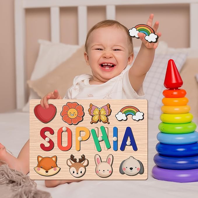 Personalized Name Puzzle for Kids, Custom Wooden Puzzles for Toddlers 1-3 Engraved Text on Back, Personalized Baby Gifts Educational Toys for 1 Year Old Girl Gifts for Birthday Baptism