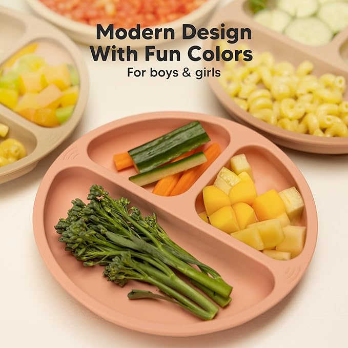 KeaBabies Suction Plates for Baby, Toddler - 3-Pack 100% Silicone Toddler Plates with Suction, Divided, BPA-Free Baby Led Weaning Essentials for Kids, Dishwasher, Microwave Safe, Durable (Roseate)