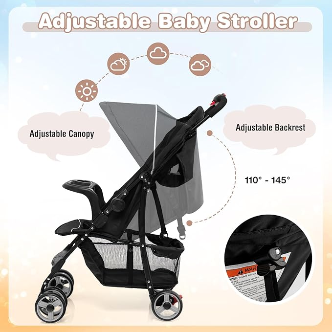Baby Joy Lightweight Stroller, Compact Toddler Travel Stroller for Airplane, Infant Stroller w/Adjustable Backrest/Footrest/Canopy, 5-Point Harness, Storage Basket, Easy One-Hand Fold, Black