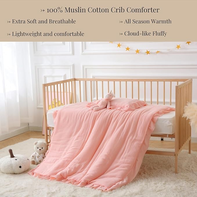 100% Cotton Muslin Crib Comforter/Quilt,Ultra Soft Cozy Reversible Baby Blanket,All Season Toddler Blankets for Boys and Girls, Machine Washable,41"x48"