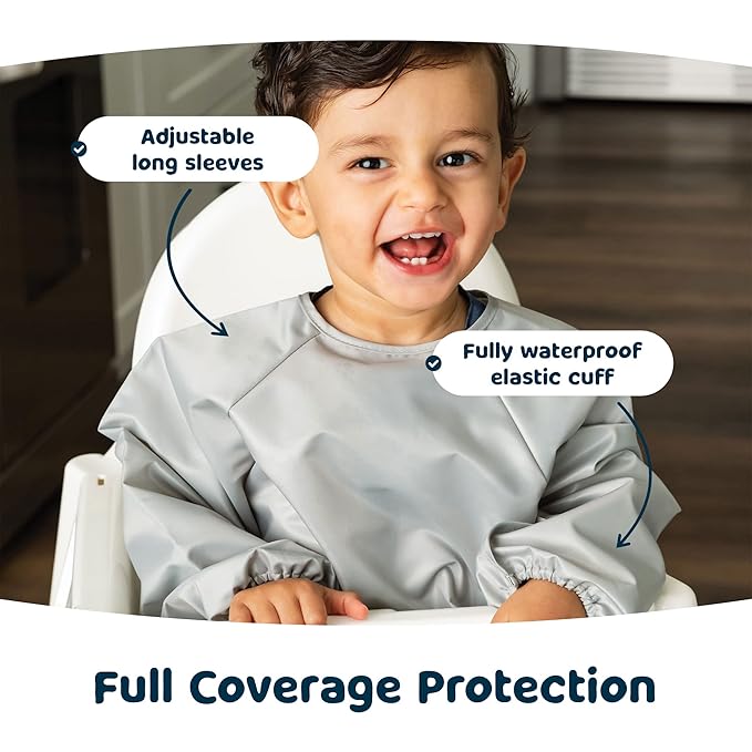 Tiny Twinkle Long Sleeve Bib for Babies & Toddlers – 2 Pack Waterproof Smock Bibs for Eating – Machine Washable & Mess-Proof, Baby Feeding Essential & Shower Must-Have (Grey Indigo,2-4Y)