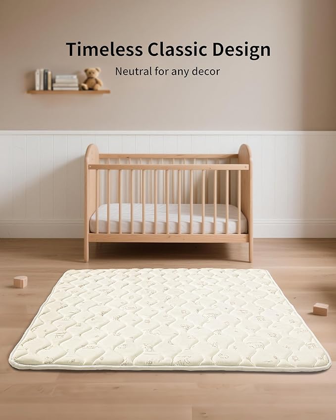 Fortella Baby Play Mat for Playpen & Floor, 47“x47” Foldable Foam Padded Playmats for Babies Toddlers Kids, Washable Soft Non-Slip Crawling Rug, Newborn Tummy Time Nursery Gym Activity (Forest Beige)