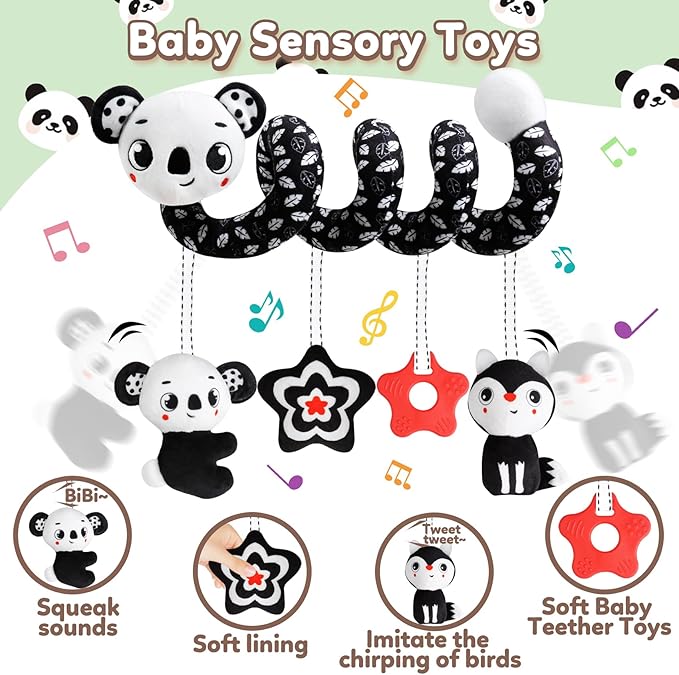 Baby Carseat Toy Black & White Rattle Spiral Hanging Activity Stroller Toy for Newborns Boys and Girls - Coala