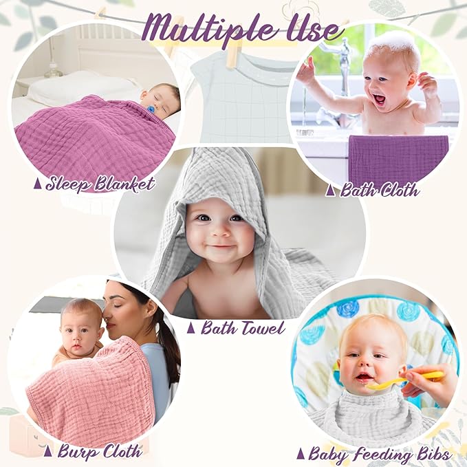 VitalCozy 12 Pcs Baby Muslin Hooded Bath Towels and Washcloths, 32 x 32 Inch Muslin Cotton Hooded Baby Towels Absorbent Hooded Blankets for Gift Newborn Infant Shower (Pink Purple Series)