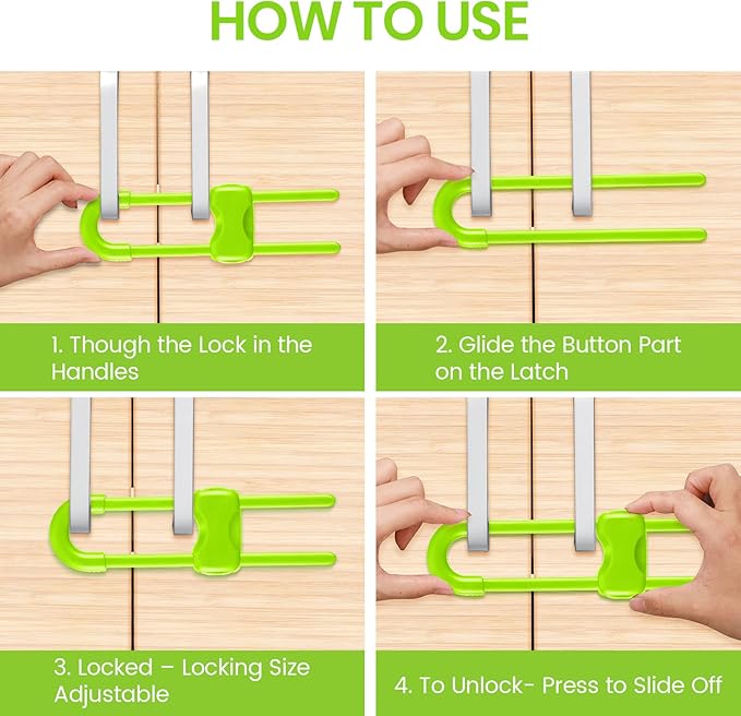 Jetec 10 Pieces Cabinet Locks for Babies, U-Shaped Proofing Drawers Safety Child Locks Adjustable, Easy to Use Childproof Latch for Knob Handle on Kitchen Door Storage Cupboard Closet (Green)