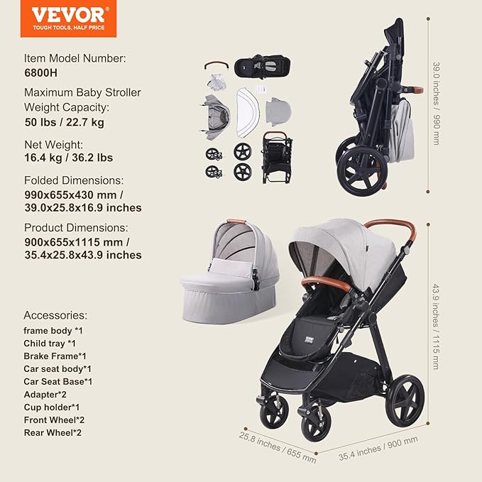 VEVOR 2-in-1 Baby Stroller with Infant Bassinet, Reversible Seat & Easy One-Button Fold, Aluminum Frame, EVA Tires with Brake, Lightweight Travel System Combo (Light Gray)