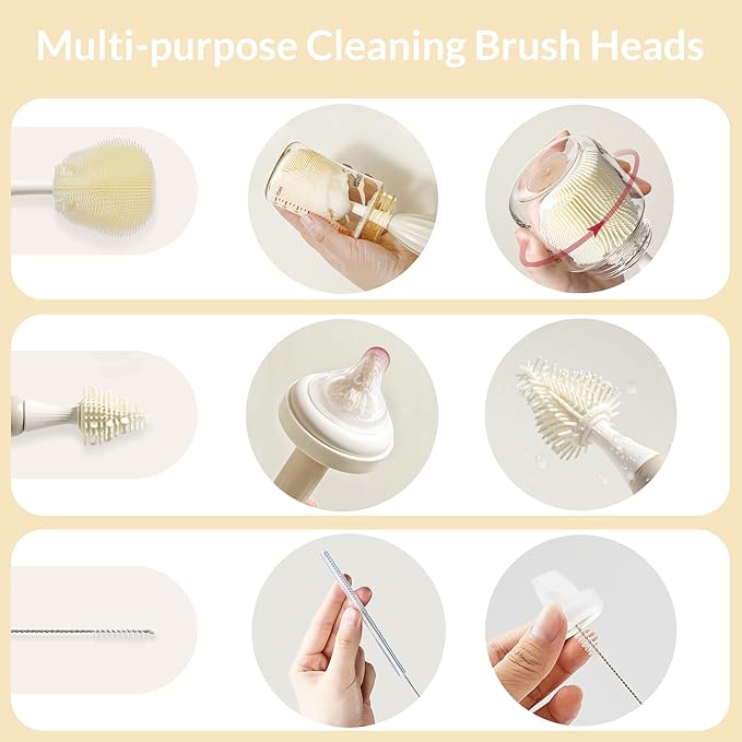 Baby Bottle Brush Kit with Push-Press Bubble and Drying Rack for Bottle Cleaning, Bendable Bottle Cleaner Brush for Baby Bottles, Breast Pumps, Nipples, Straws and More. Perfect for Home&Travel