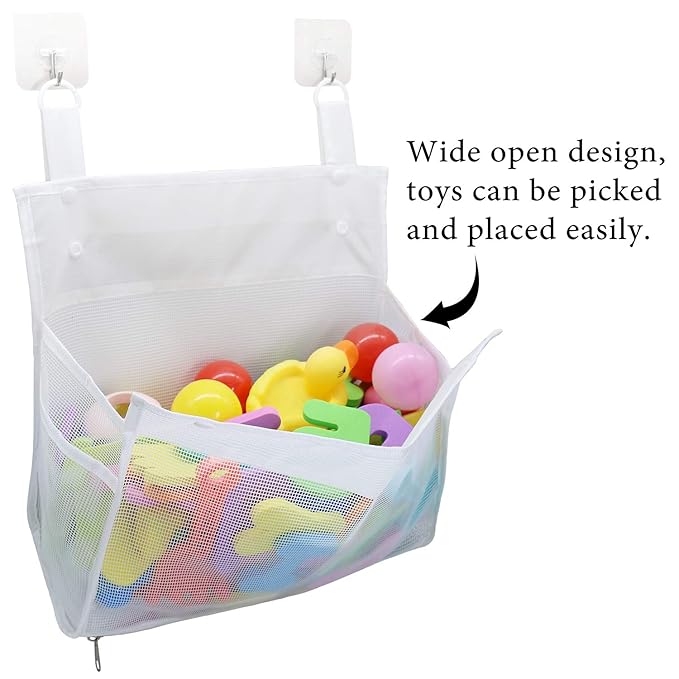 Bath Toy Organizer Multiple Ways to Hang, Extra Large Opening Bathroom Toy Holder, Bottom Zipper Bathtub Toy Storage Bag (White)