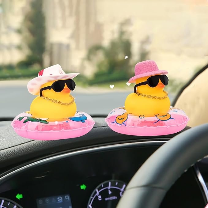 wonuu Car Rubber Duck, Yellow Duck Decoration Dashboard with Sun Hat Swim Ring Necklace Sunglasses for Car Dashboard Decorations, Pink Top Hat-Pink
