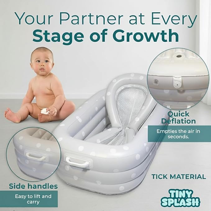 Inflatable Baby Bathtub Complete Set – Portable Non-Slip Baby Bath Tub with Newborn Cushion, Floating Thermometer, 3 Bath Toys & Air Pump, Safe Bath for Boys & Girls Age 0–3 Years