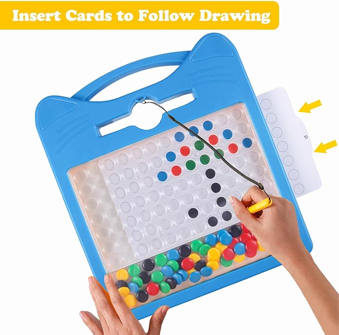 Magnetic Drawing Board for Kids, Toddler Magnet Doodle Board with Beads and 2 Pens, Magnetic Dot Art Toys, Airplane Car Travel Activities (Blue Cat)
