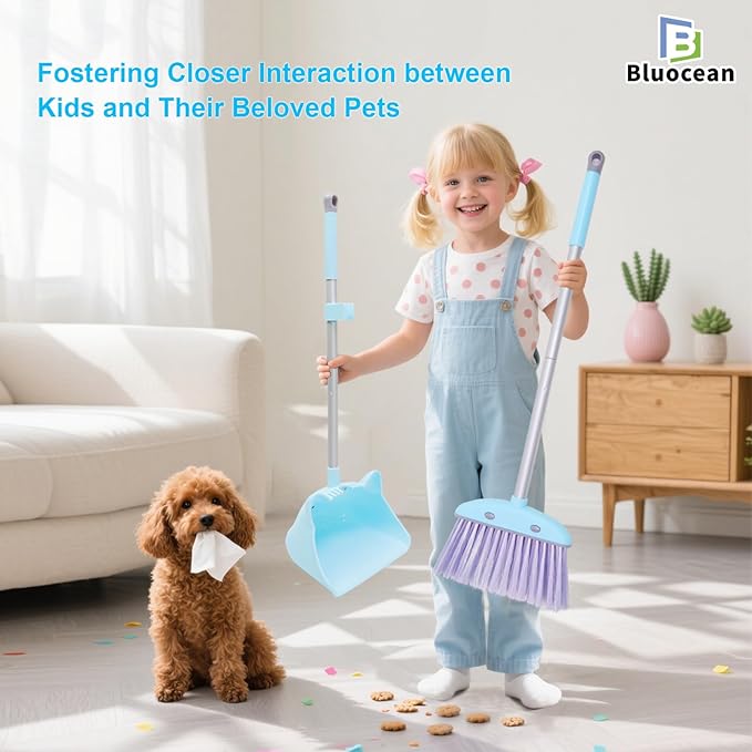 28′′ Mini Broom and Dustpan Set for Kids-Ideal Kids' Toys as Gifts, Parent-Child Interactive Cleaning Tool, Cute Cartoon Design, Household Helper for Toddlers, Small Safe Corner Broom (Blue Bubble)
