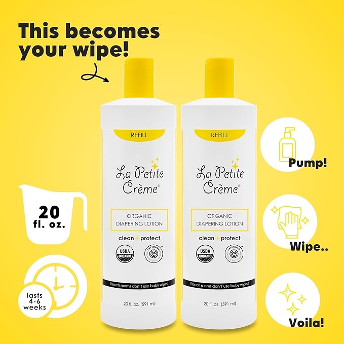 La Petite Creme French Premium Diapering Lotion - Diaper Cream Alternative to Baby Wipes - Moisturizer & Skin Cleanser - USDA Certified Organic Ingredients - Baby Essentials (2 Bottles of 20 oz)
