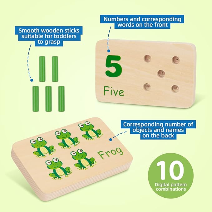 TOOKYLAND Peg Board Toddler Toys, Counting Wooden Toys with 55 Pegs, Wooden Math Manipulatives,Montessori Math and Numbers for Kids & Kindergarten Learning Activities