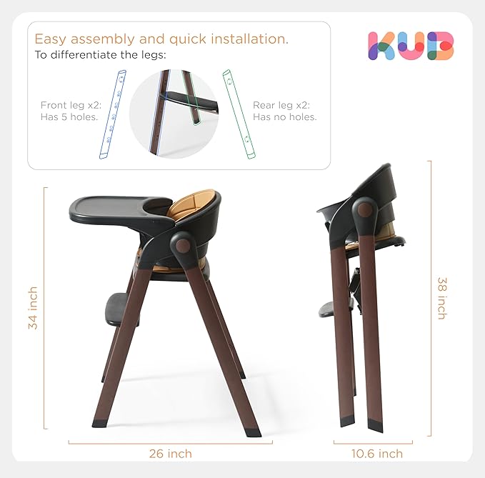 KUB High Chair for Babies and Toddlers Adjustable Foldable Convertible 5 Point Harness Easy Clean Wood-Printed Metal with Removable Tray Baby Highchair for Family (Black&Walnut Wood-Printed Metal)