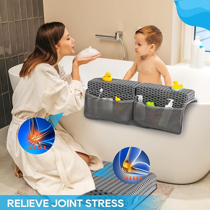 OS OMYSTYLE Baby Bath Kneeler and Elbow Rest Pad Set, 1.5'' Thick Quickly Dry Bathtub Kneeler Pad with Baby Toys & Bath Accessories Organizer, Kneeling and Elbow for Tub, Non-Slip Mat(Grey)