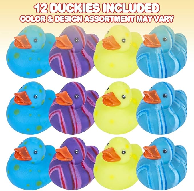 ArtCreativity Multicolored Pattern Rubber Duckies for Kids, Pack of 12 Cute Duck Bath Tub Pool Toys, Fun Carnival Supplies, Birthday Party Favors for Boys and Girls