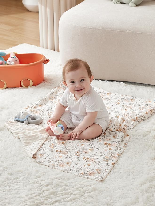 TILLYOU Baby Blankets for Girls Boys, Receiving Baby Blanket with Double Layer Soft Plush, Minky Muslin Cotton Front and Dotted Backing 30"x40", Yellow Flower