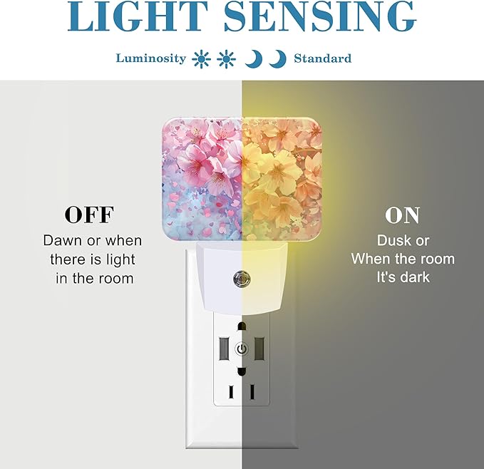 Watercolor Cherry Blossom Night Light Cherry Blossom Nightlight Plug into Wall with Dusk to Dawn Sensor for Kid Girls Boys Women Men Room, Hallway, Kitchen, Bathroom, Stairs Decor