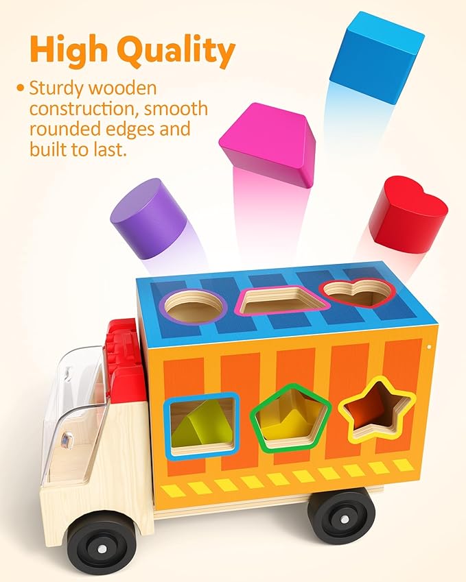 Coogam Montessori Sorting Toys for Toddles, Wooden Color Shape Sorter Truck Toy with 2 Play Figures - Fine Motor Educational Learning Gift Toy for Kids 2 3 4 Year Old