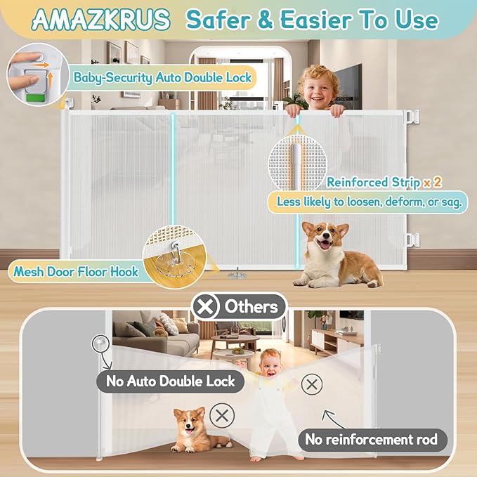 71'' Retractable Baby Gates Extra Wide for Stairs, 42" Tall White Mesh Dog Child Pet Safety Indoor Outdoor Retractable Gate for Doorways, House, Hallway, Deck with Reinforcement Strips