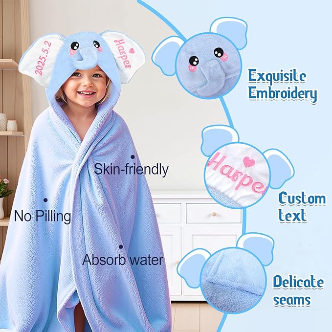 Custom Hooded Bath Towel with Name, Personalized Highly Absorbent Elephant Towels, Baby Bath Towels for Girls Boys, Christmas Brithday for Baby, Toddler, Newborn (Blue)