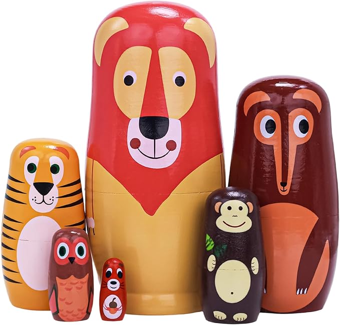 Russian Nesting Dolls, 6 Pcs 6 "Tall Animal Nesting Easter Eggs Toys, Stacking Wooden Handmade Matryoshka Dolls for Kids Toddlers Birthday or Home Decoration Gift (Long Lion)
