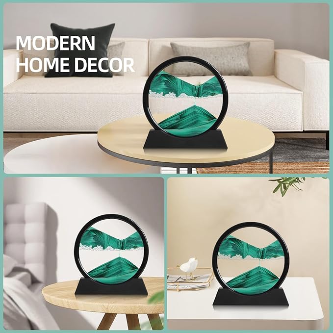 Moving Sand Art Liquid Motion, 3D Deep Sea Sandscape Color Quicksand Decor, Round Glass Moving Sand Art Picture Relaxing Desktop Home Office Work Decor (Green, 7 inch)