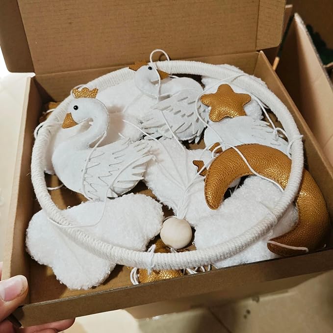 Baby Mobile White Swans with Golden Crowns Felt Clouds Baby Mobile for Crib Boys Girls Neutral Baby Gift Hanging for Nursery Decor Accessories