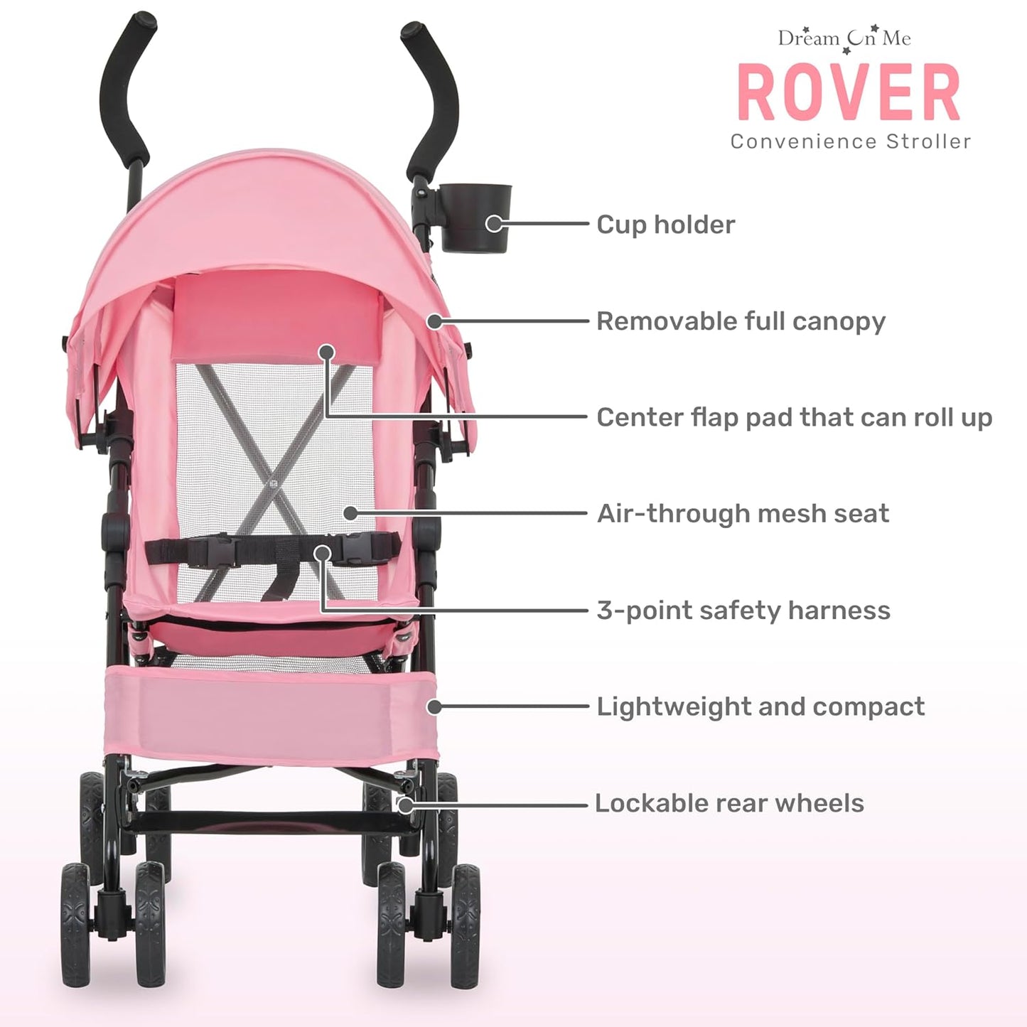Dream On Me Rover Convenience Baby Stroller in Pink, Lightweight & Compact Umbrella Stroller, Easy one-Hand fold Travel Stroller, Lockable Rear Wheels, Removable & Adjustable Canopy