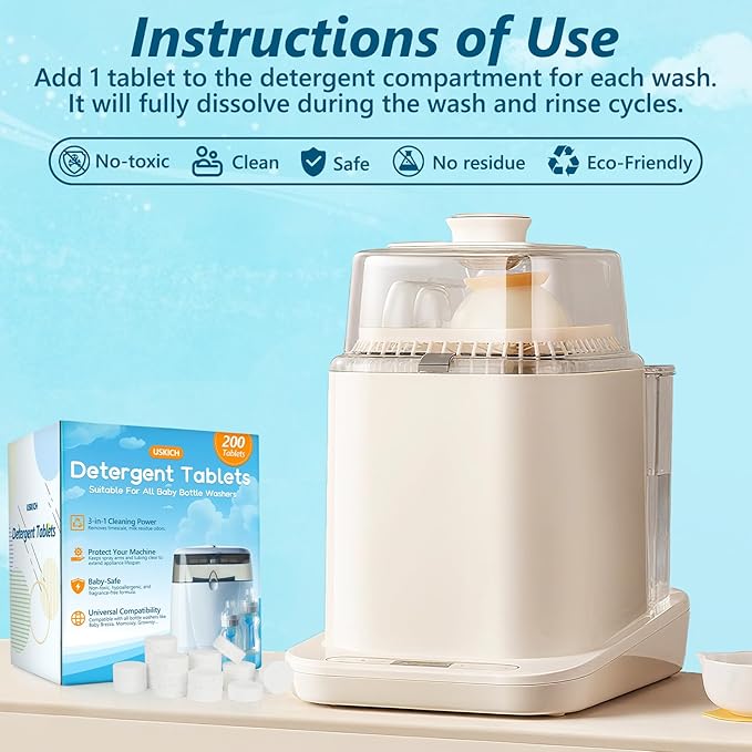 200Pcs Detergent Washing Tablets for Momcozy,Deep Cleaning Baby Brezza Bottle Washer,Compatible with All Brands Baby Bottle Washers