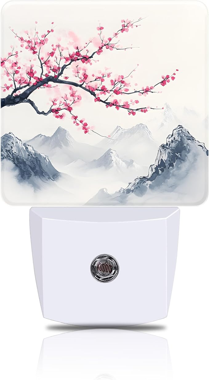 Cherry Blossom Tree Night Light, Japanese Mountains Plug-in Nightlight with Dusk to Dawn Auto Sensor for Home Bedroom Hallway Kitchen 0.5W Sleep Friendly Led Lamp for Women Men