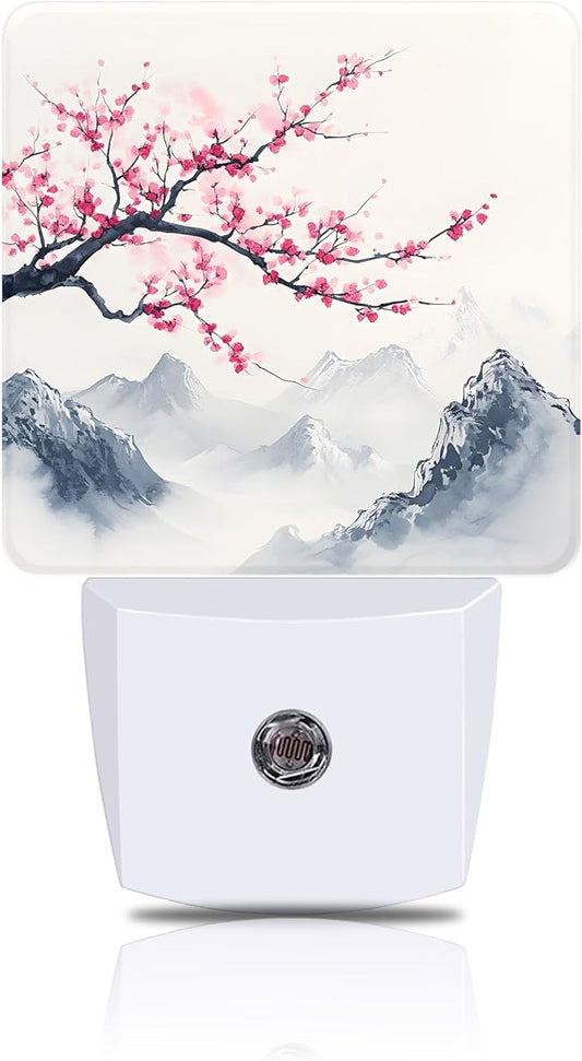 Cherry Blossom Tree Night Light, Japanese Mountains Plug-in Nightlight with Dusk to Dawn Auto Sensor for Home Bedroom Hallway Kitchen 0.5W Sleep Friendly Led Lamp for Women Men