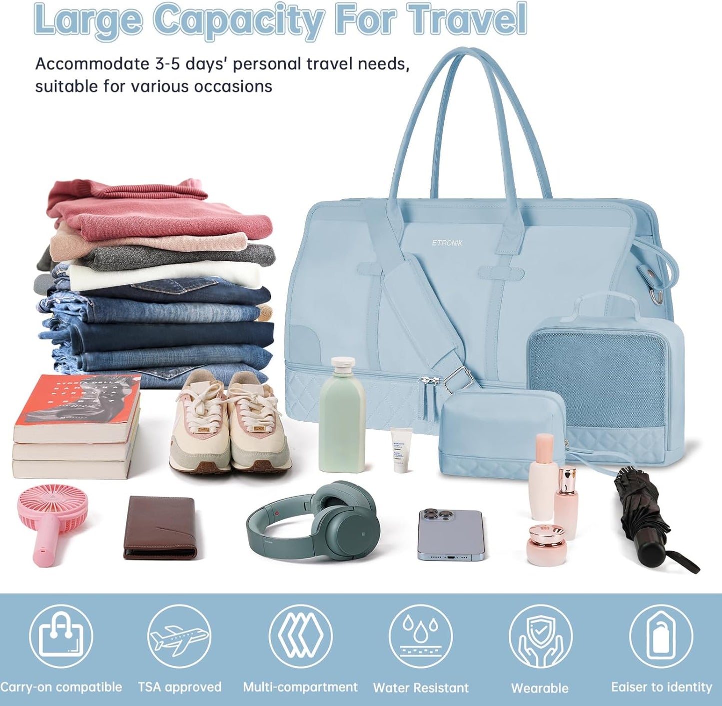 ETRONIK Weekender Overnight Bag for Women, Large Travel Duffle Bag with Shoe Compartment & Wet Pocket, Carry On Tote Bag Gym Duffel Bag with Toiletry Bag, 3 Pcs Set, Large Size, Light Blue