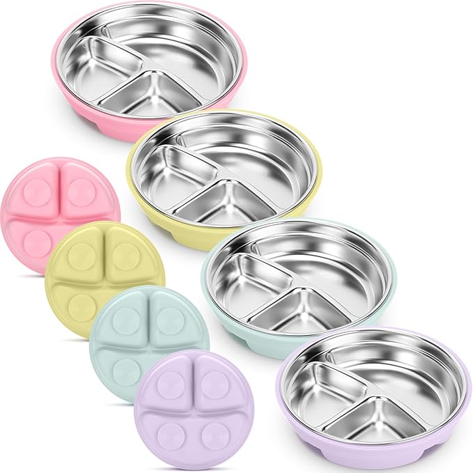 Nuogo 4 Pcs Stainless Steel Baby Suction Plates with Removable Silicone Shell 2-in-1 Metal Toddler Bowl Divided for Picky Eaters Kid Feeding Led Weaning Supply, Dishwasher Safe (Macaron Series)