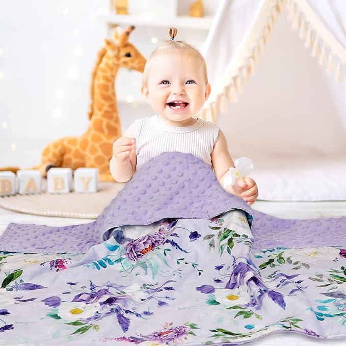 Baby Blankets for Girls Boys Soft Plush Minky Blanket 30x40 Inches with Double Layer Dotted Backing for Toddler Newborn, Purple Crib Blanket for Nursery, Baby Car Seat, Pet, Floral
