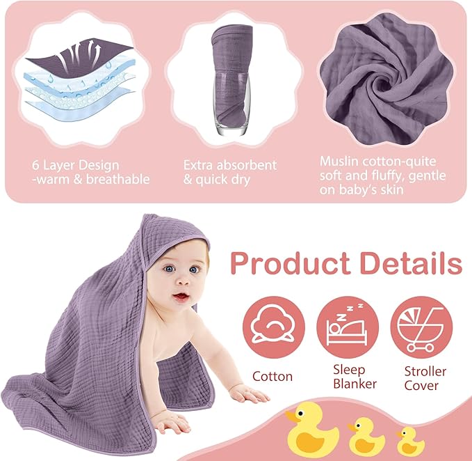 Peryiter 6 Pcs Muslin Hooded Baby Towels, 32"x 32" Cotton Newborn Bath Towel Muslin Infant Baby Blankets Absorbent Unisex Newborn Registry Gift Essentials for Girls Boys (Brown Series)