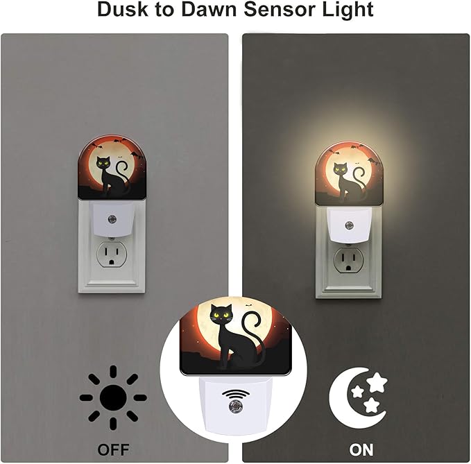 Black Cat with Full Moon Night Light, Halloween Cat Bats Dusk to Dawn Night Light Plug in,0.5w Energy Saving Sleep Friendly NightLight for Kids Boys Girls Home Decor