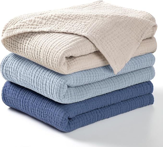 lulumoon Muslin Swaddle Blanket Baby - Cotton Swaddling Blanket Soft Baby Receiving Blankets Neutral 3Pack(Navy)