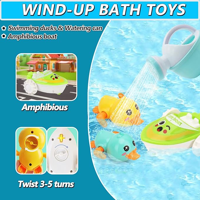No Hole Bath Toys for Babies 6-12+ Months, Wind-up Swimming Ducks & Boat Bath Toys for Kids Ages 1-3, Baby Pool Toys Fishing Net Water Toys Watering Can, Toddler Bath Toy for 1+ Year Old Boy Girl