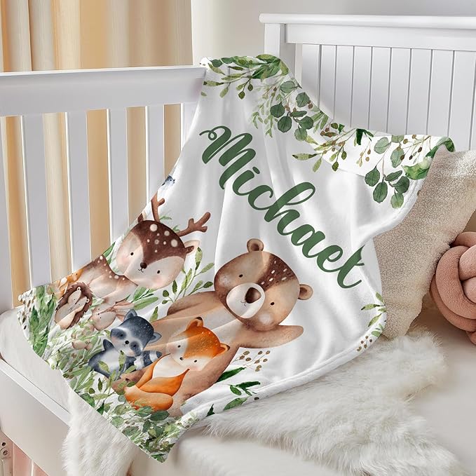 J&SBGFT Personalized Baby Blanket for Boys with Custom Name, Jungle Animal Receiving Blanket for Toddlers, Kids Nursery, Stroller, Crib, Decor Throw
