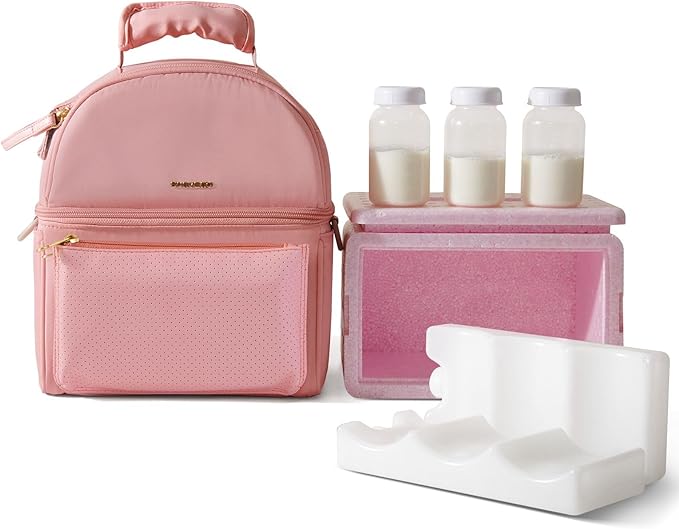 Sunveno Breastmilk Cooler Bag Set with 2 Ice Packs & Detachable Insulation Box, 15-Hour Cold Retention Foil-Lined Leak-Proof Tote Fits 3 Baby Bottles for On-The-Go Pumping Moms, Daycare & Travel,Pink