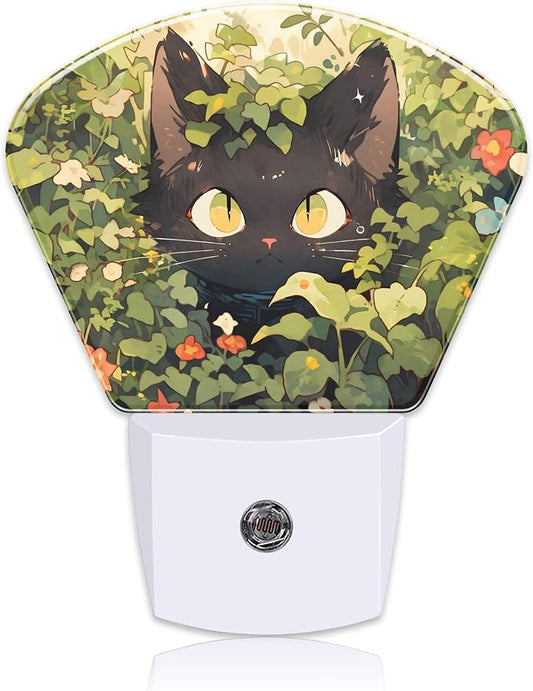 Cute Black Cat in Grass Night Light for Kids Girls Boys, Black Cat LED Night Light Plug into Wall with Dusk to Dawn Sensor for Bedroom, Hallway, Kitchen, Bathroom, Stairs Decor