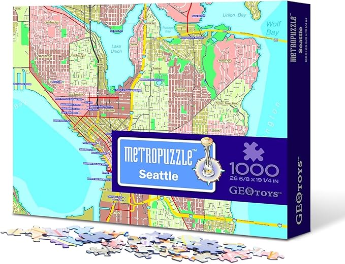 GeoToys Metropuzzle, Seattle Map Jigsaw Puzzles 1000 Pieces - 27 x 19 Detailed Geography Puzzle, Challenging Adult Puzzle, Fun Puzzles for Adults, Map Poster Included for Adults