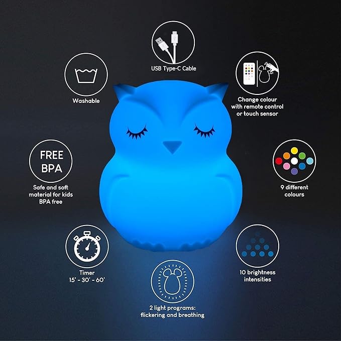 Owl Night Light Baby Bedside Lamp Child, Silicone Nursery Lamp for Breastfeeding Bedroom Mood Lights, Eye Caring, Adjustable Brightness & Color, Time Setting, Holiday Gifts - Medium