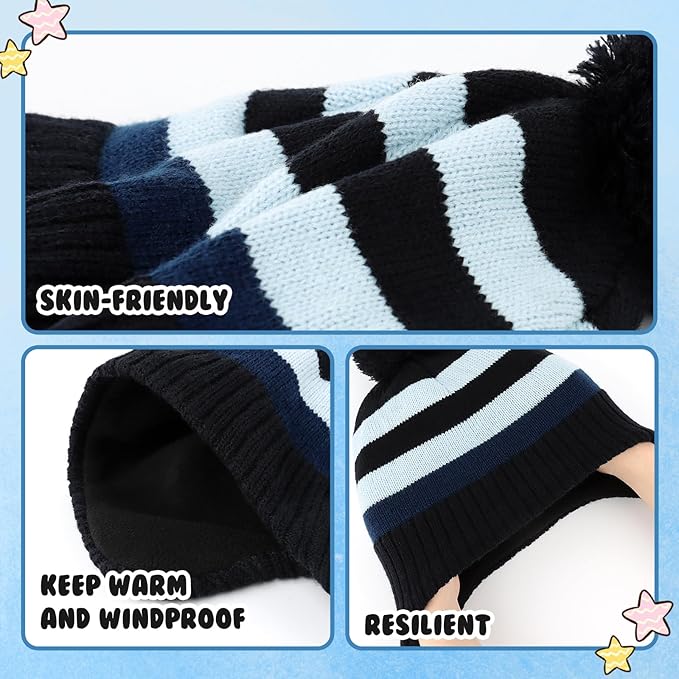 Duoyeree Kids Beanie Hat for Boys Girls Pom-pom Kint Hats Cozy Lining Winter Skull Cap