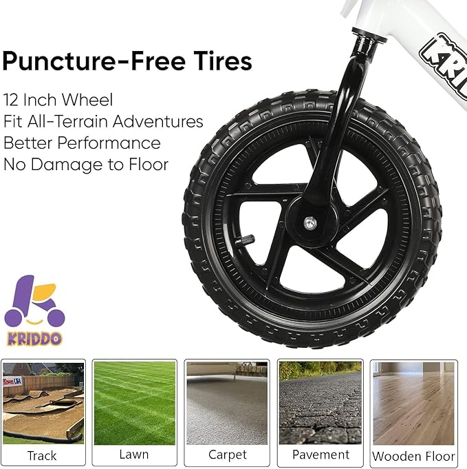 KRIDDO Toddler Balance Bike 2 Year Old, Age 24 Months to 5 Years Old, 12 Inch Push Bicycle with Customize Plate (3 Sets of Stickers Included), Gift Bike for 2-3 Boys Girls, White