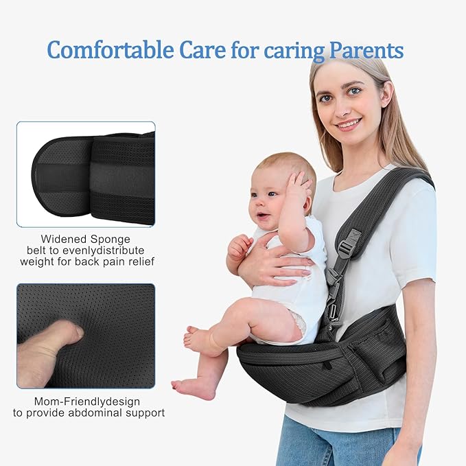 Baby Hip Carrier - Hip Carrier for Baby with Baby Safety Strap - Toddler Carrier 7-45 lbs - Ergonomic Infant Holder Baby Carrier with Hip Seat Large Capacity Pockets(Black)