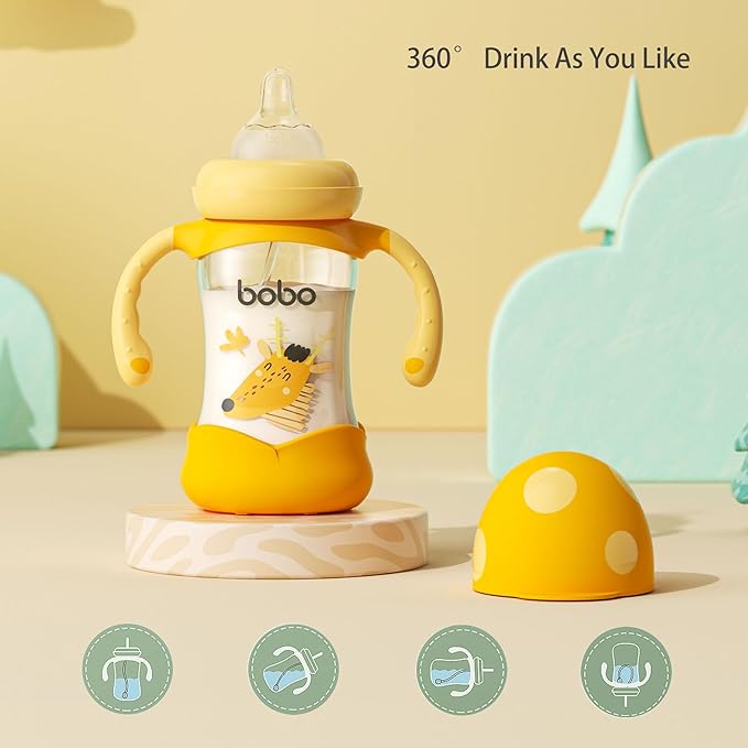 YOHKOH Natural Glass Baby Bottle with Natural Response Nipple, Wide Neck Baby Bottles with Handle, Newborn Anti-Colic Baby Bottles Gift Set, Clear (5.4oz (Pack of 4), Yellow)